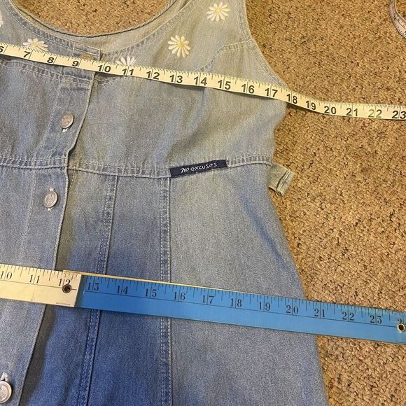 Vintage No Excuses Denim Embroidered Midi Dress Sz M Cottagecore Boho Grunge - Picture 2 of 12